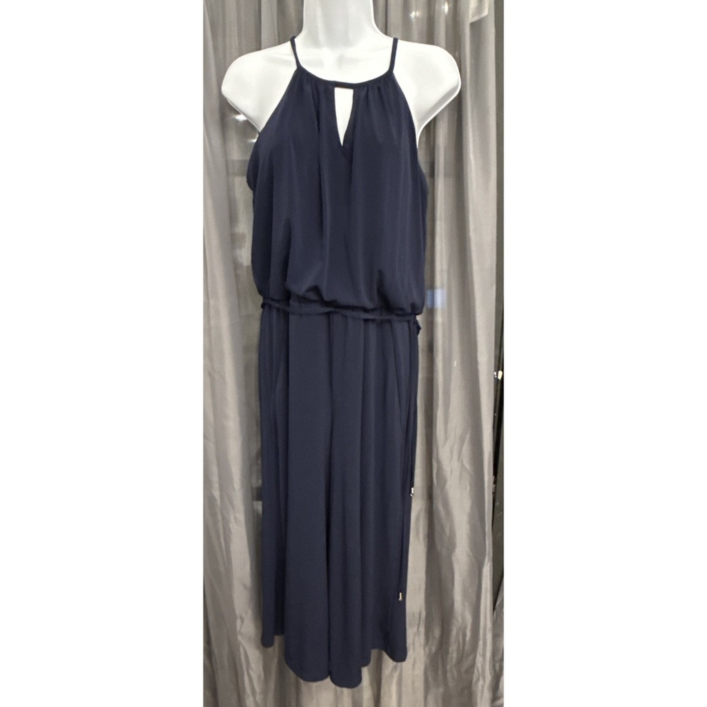 London Times Jumpsuit Navy Blue Halter Front Keyhole Wide Leg Blouson Sz 6
